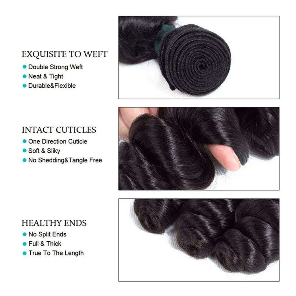 10A Loose Wave Hair 4 Bundles With Closure Natural Color