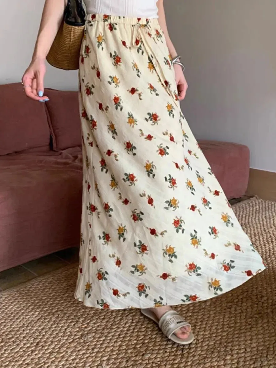 2024 Boho Maxi Skirt High Waist Floral Printed Hippie Rose Chic