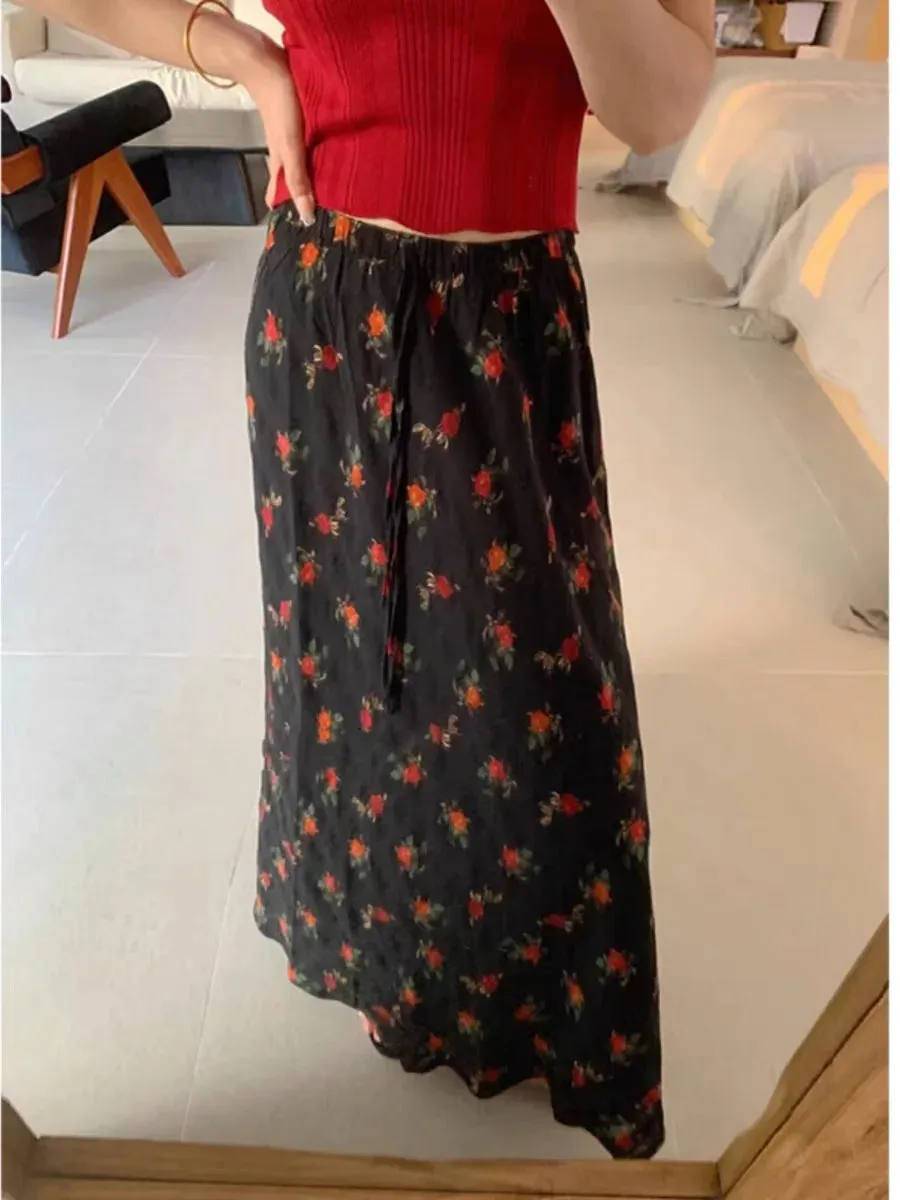 2024 Boho Maxi Skirt High Waist Floral Printed Hippie Rose Chic