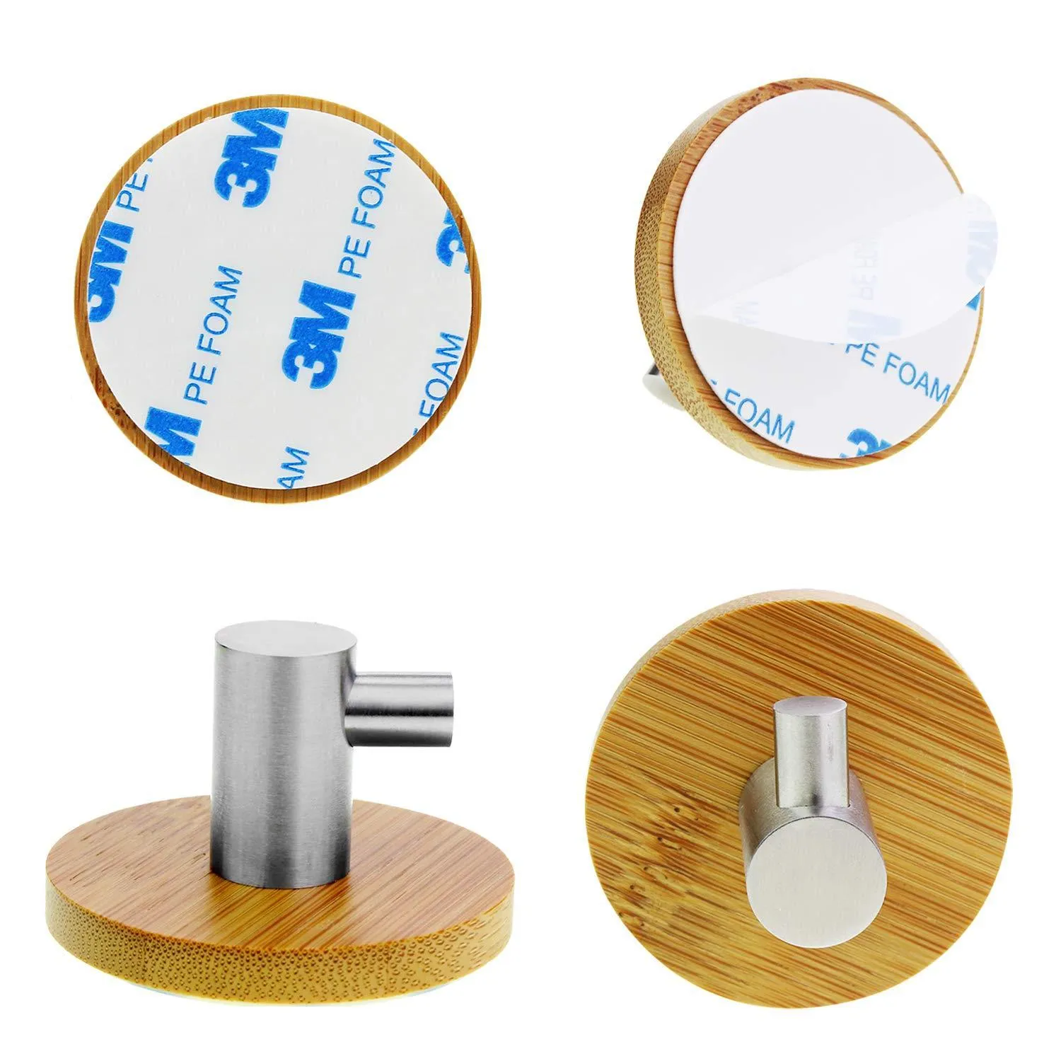abcGoodefg Adhesive Hooks Bamboo and Stainless Steel Ultra Strong 3M Hanger Towel Hooks for Kitchen Bathrooms Lavatory Closets 4PCS