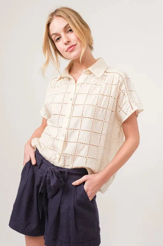 Adrina Eyelet Button Down Shirt – Loose Fit, Short Sleeve, Cotton Blouse