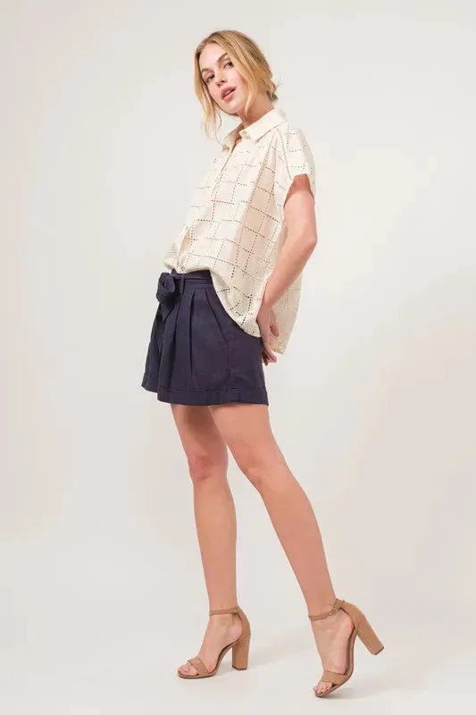 Adrina Eyelet Button Down Shirt – Loose Fit, Short Sleeve, Cotton Blouse