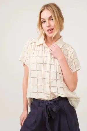 Adrina Eyelet Button Down Shirt – Loose Fit, Short Sleeve, Cotton Blouse