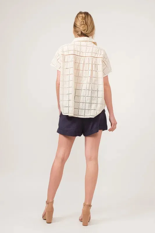 Adrina Eyelet Button Down Shirt – Loose Fit, Short Sleeve, Cotton Blouse