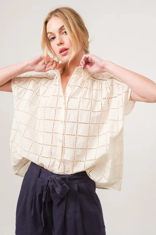 Adrina Eyelet Button Down Shirt – Loose Fit, Short Sleeve, Cotton Blouse