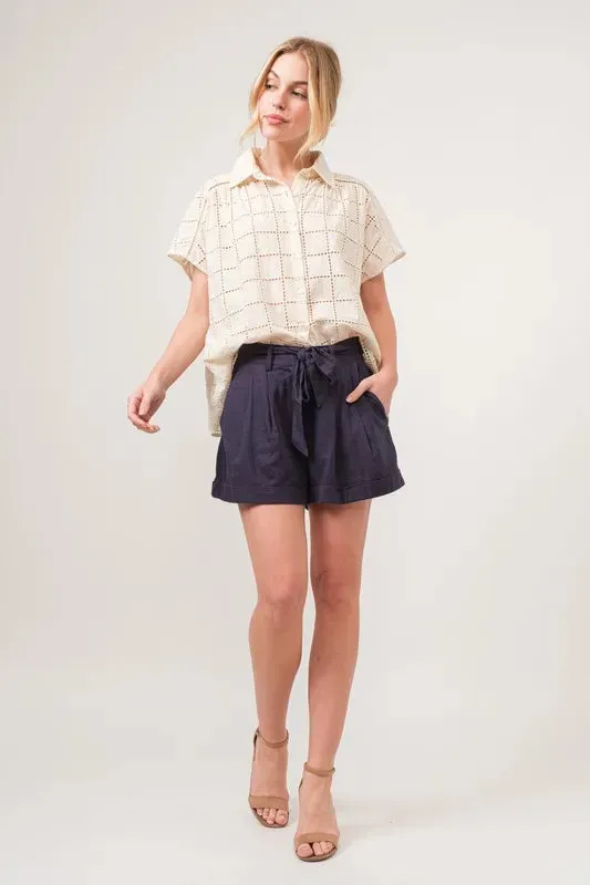 Adrina Eyelet Button Down Shirt – Loose Fit, Short Sleeve, Cotton Blouse