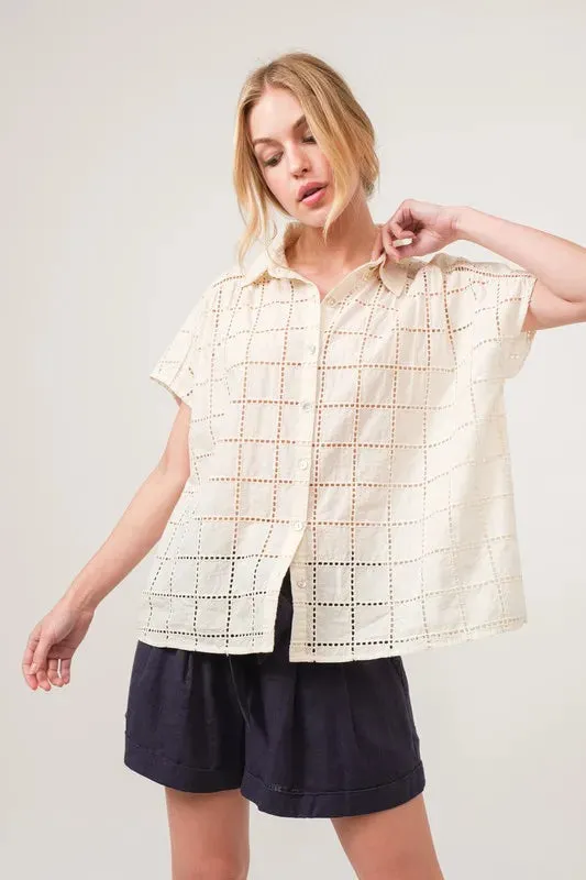 Adrina Eyelet Button Down Shirt – Loose Fit, Short Sleeve, Cotton Blouse