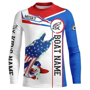 Angry Musky American flag patriotic fishing Custom name and boat name  Kid long sleeve fishing shirts NQS5601