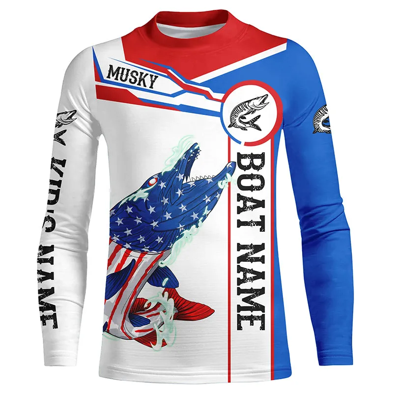 Angry Musky American flag patriotic fishing Custom name and boat name  Kid long sleeve fishing shirts NQS5601