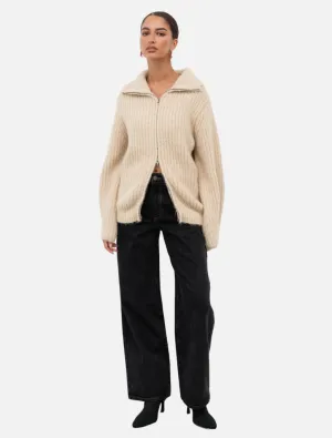 Aria Two Way Zipper Knit Cardigan - Beige