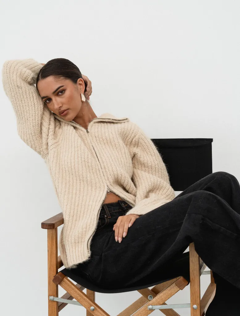 Aria Two Way Zipper Knit Cardigan - Beige