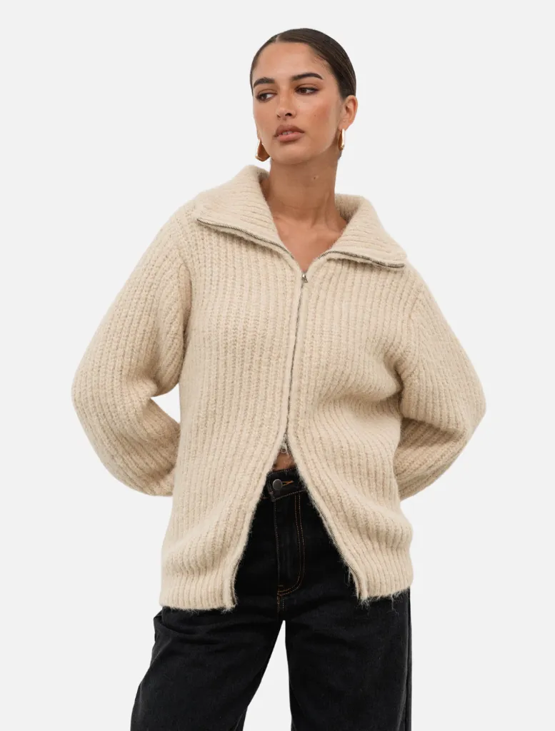 Aria Two Way Zipper Knit Cardigan - Beige