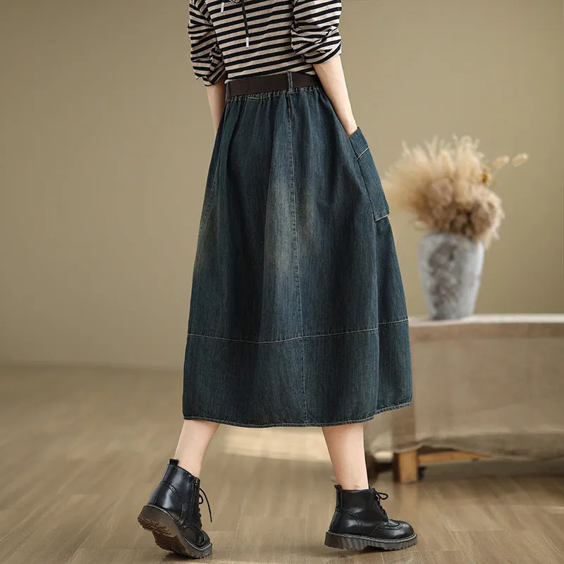 Babakud Women Spring Retro Denim Elastic Waist Midi Skirt