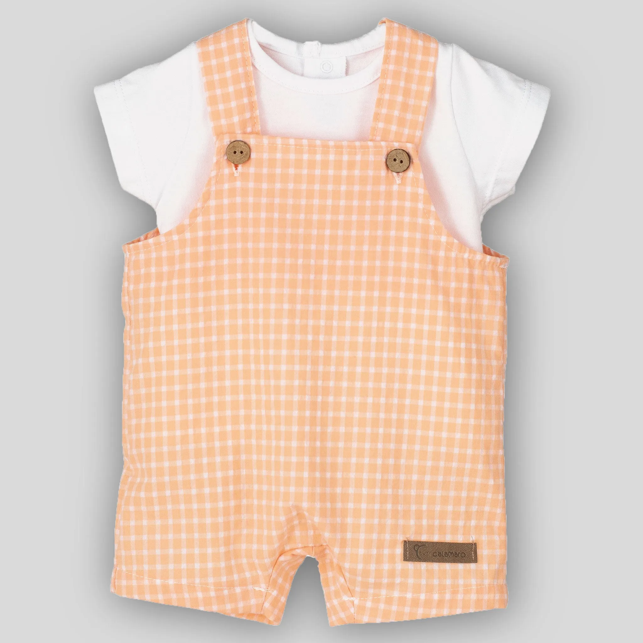 Baby Boys Peach Check Dungarees and Shirt - Calamaro 17944