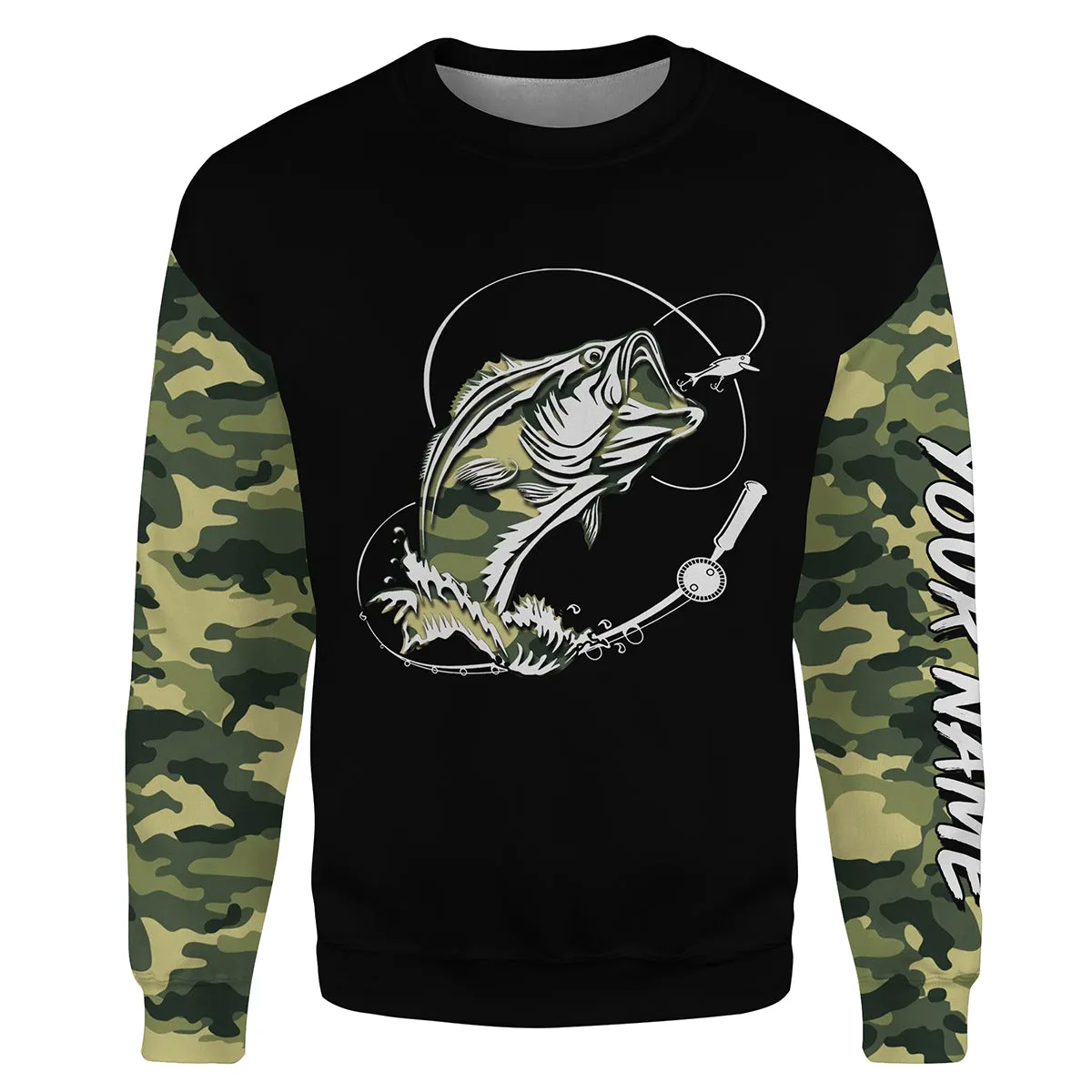 Bass Fishing tattoo green camo Custom Sweatshirt, personalized fishing gift NPQ367
