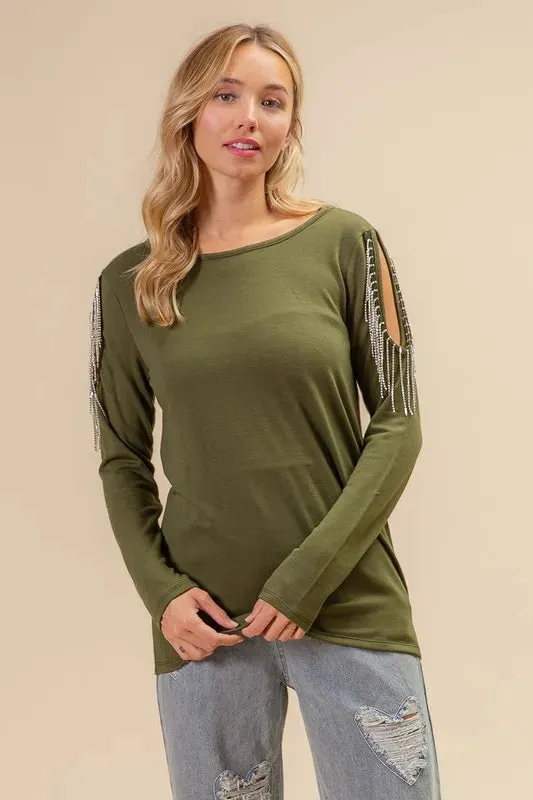 BiBi French Terry Cold Shoulder Ringstone Fringe Top Chic