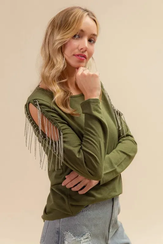 BiBi French Terry Cold Shoulder Ringstone Fringe Top Chic