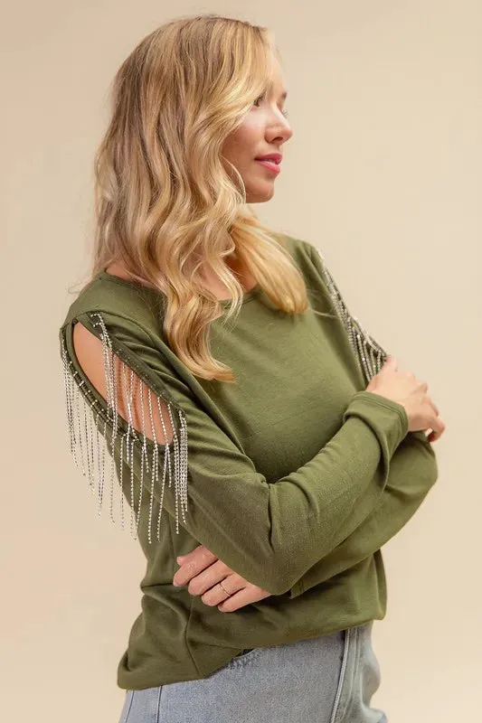 BiBi French Terry Cold Shoulder Ringstone Fringe Top Chic