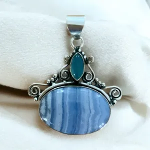 Blue Lace Agate & Chalcedony Solid 925 Sterling Silver Pendant