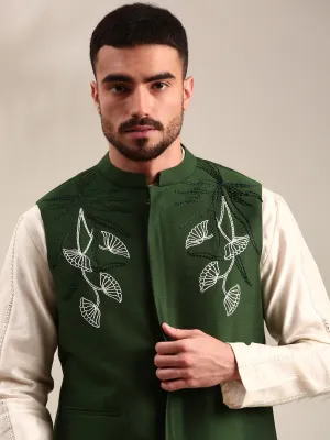 Bottle Green Cotton Silk Nehru Jacket