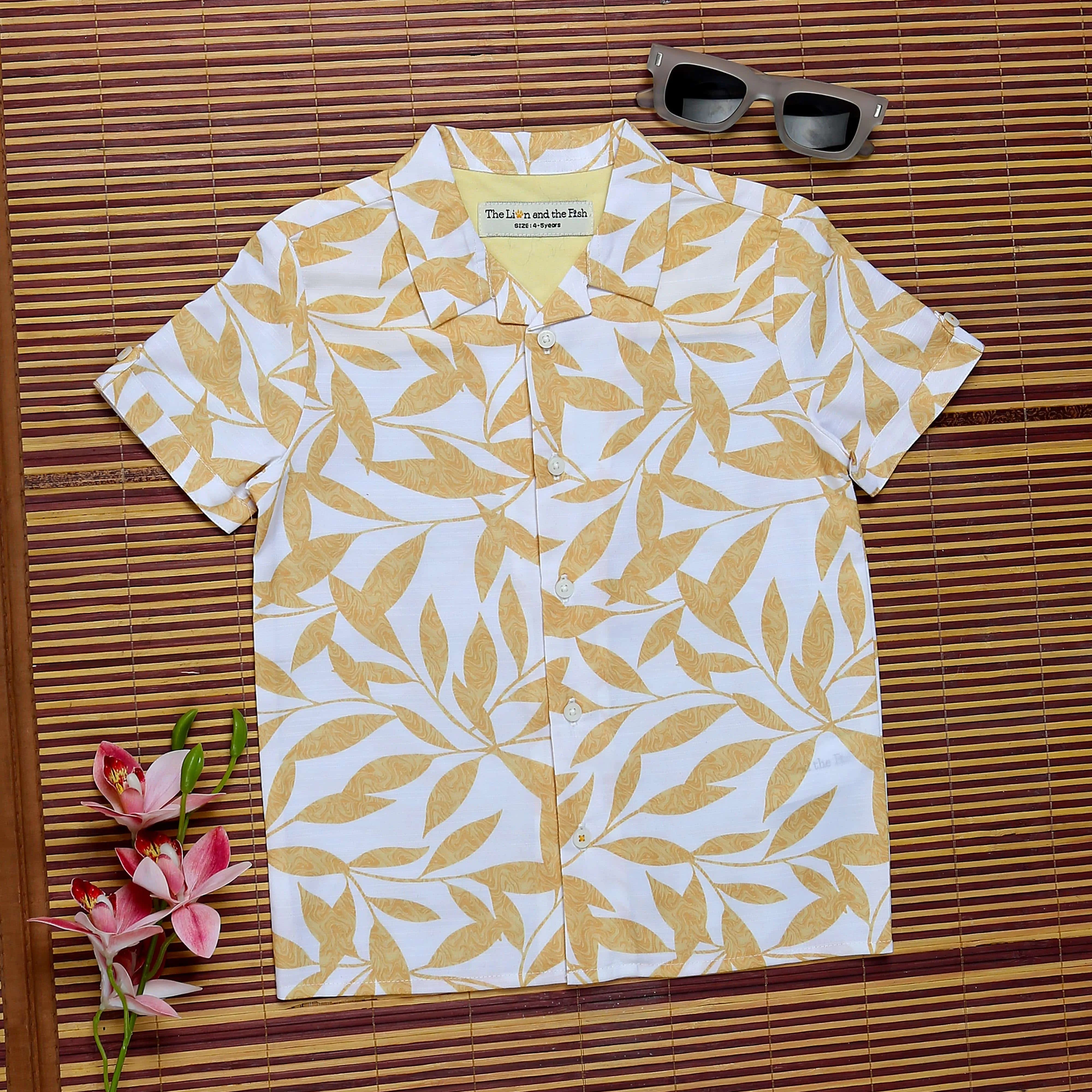 Boys Leaf Printed Shirt White Yellow