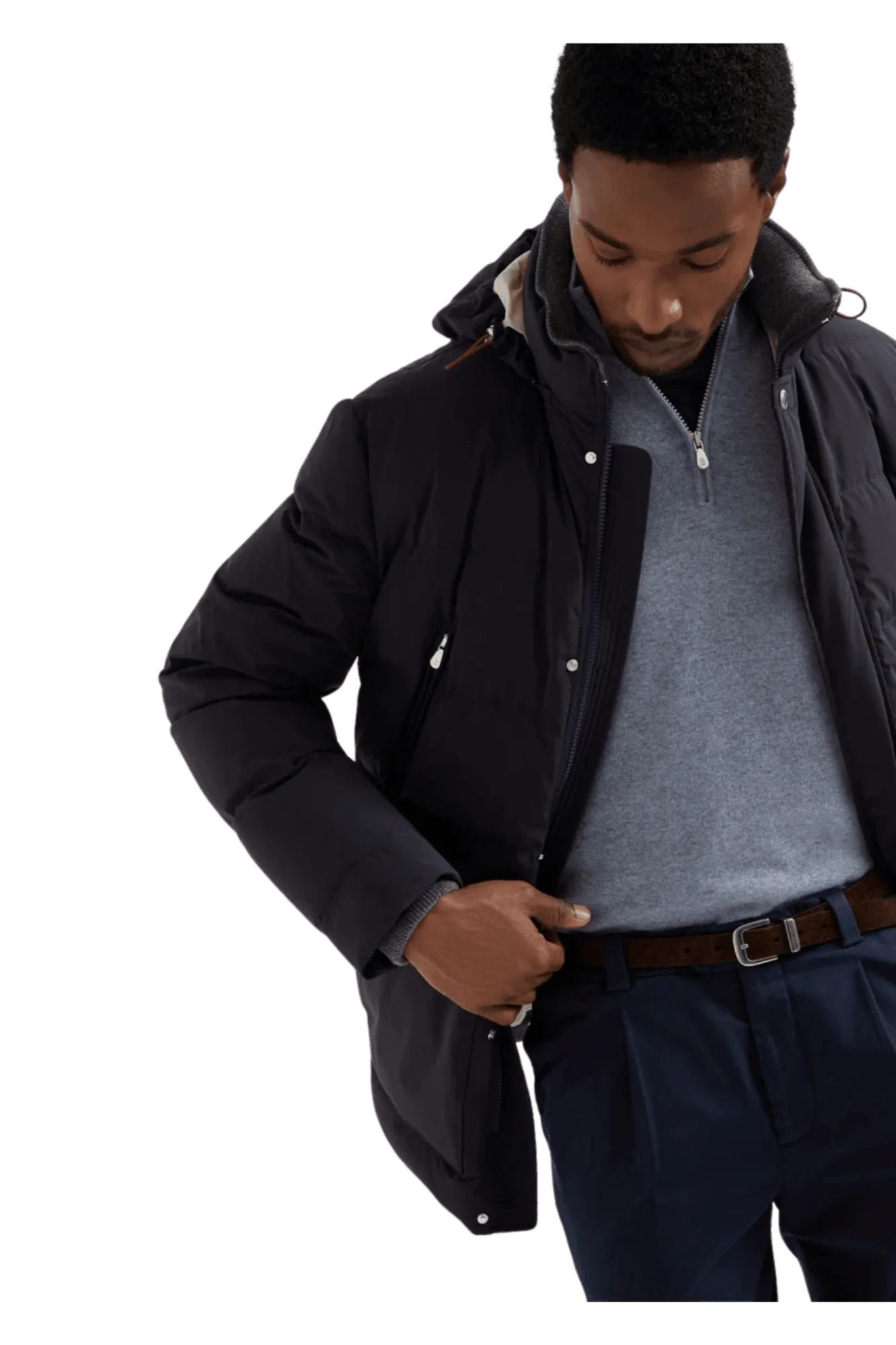 Brunello Cucinelli Men's Bonded Taffeta Down Jacket With Detachable Hood