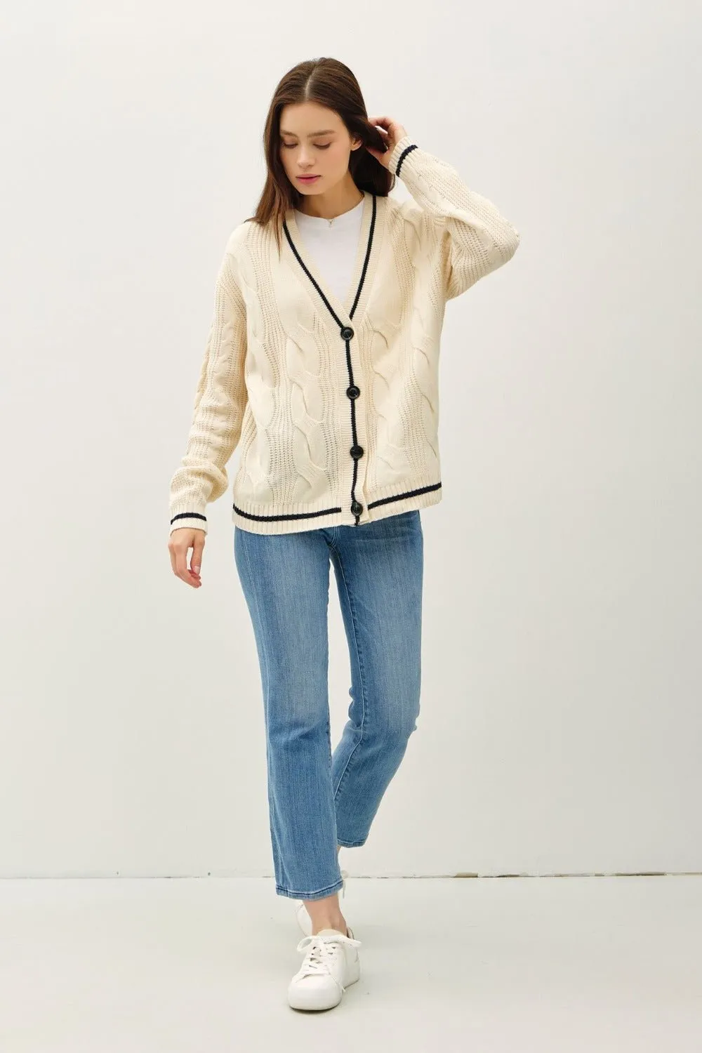Cable-Knit V-Neck Cardigan - Cream