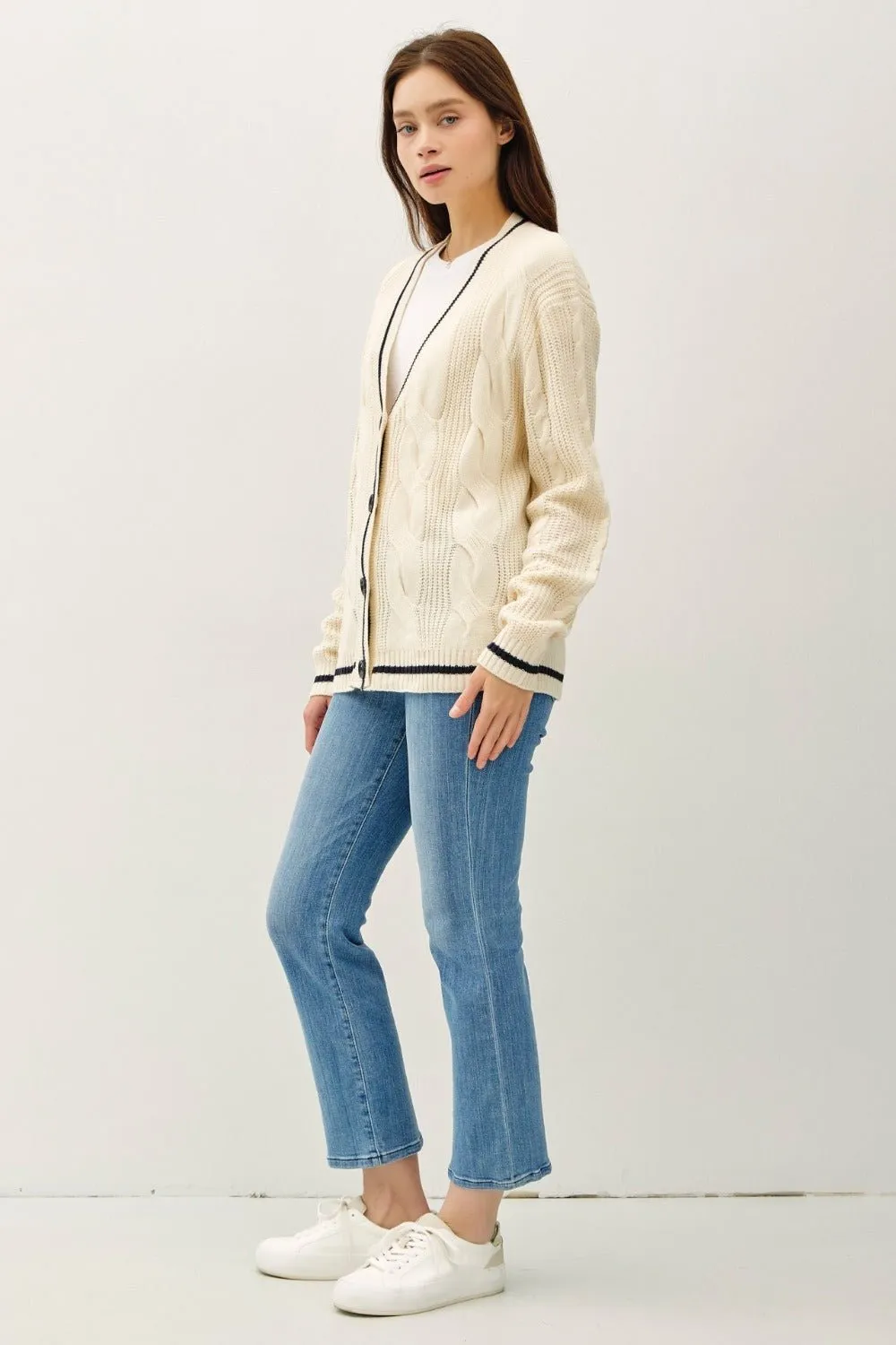 Cable-Knit V-Neck Cardigan - Cream