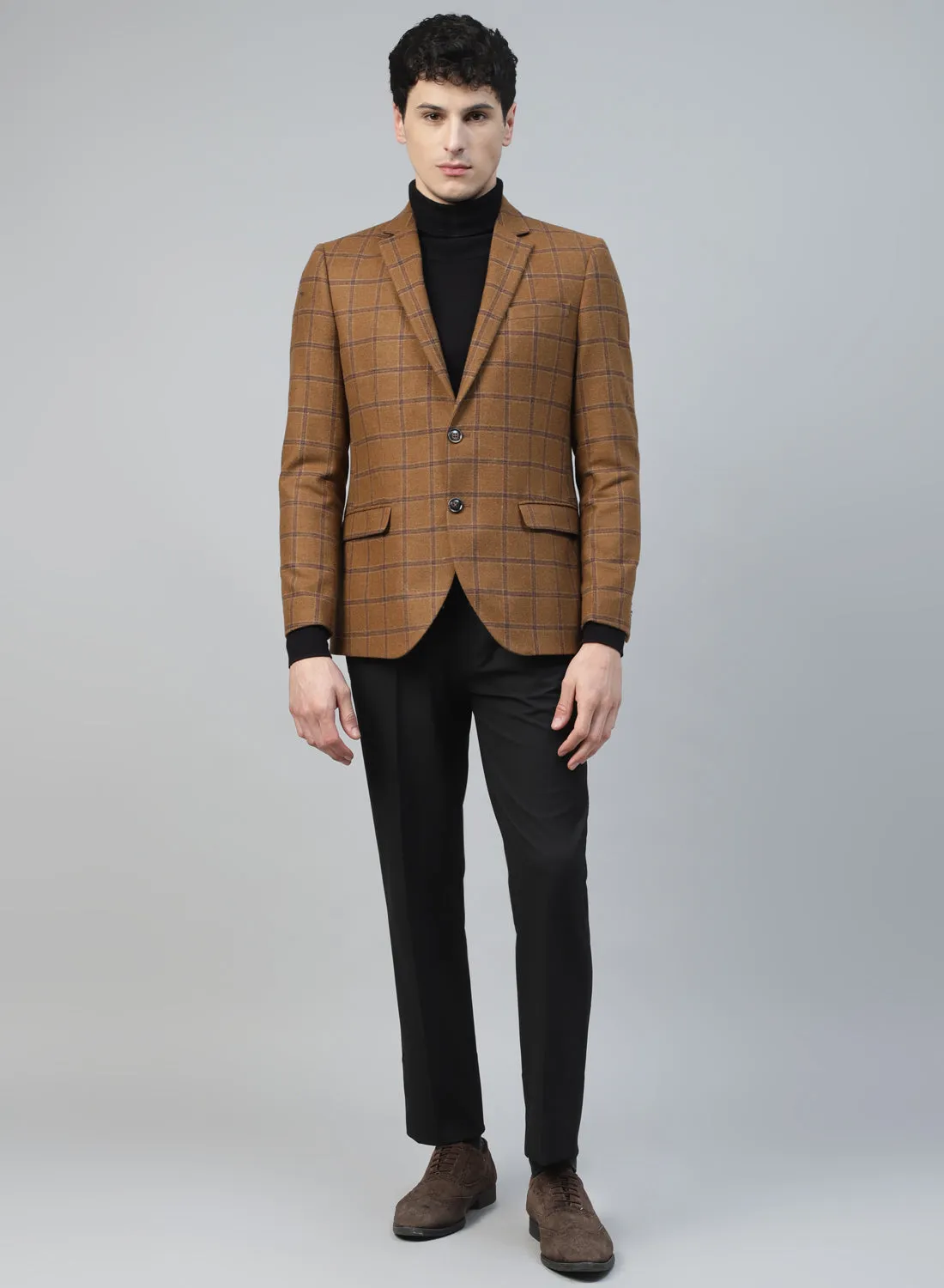 Camel Tweed Check Notch Collar Jacket