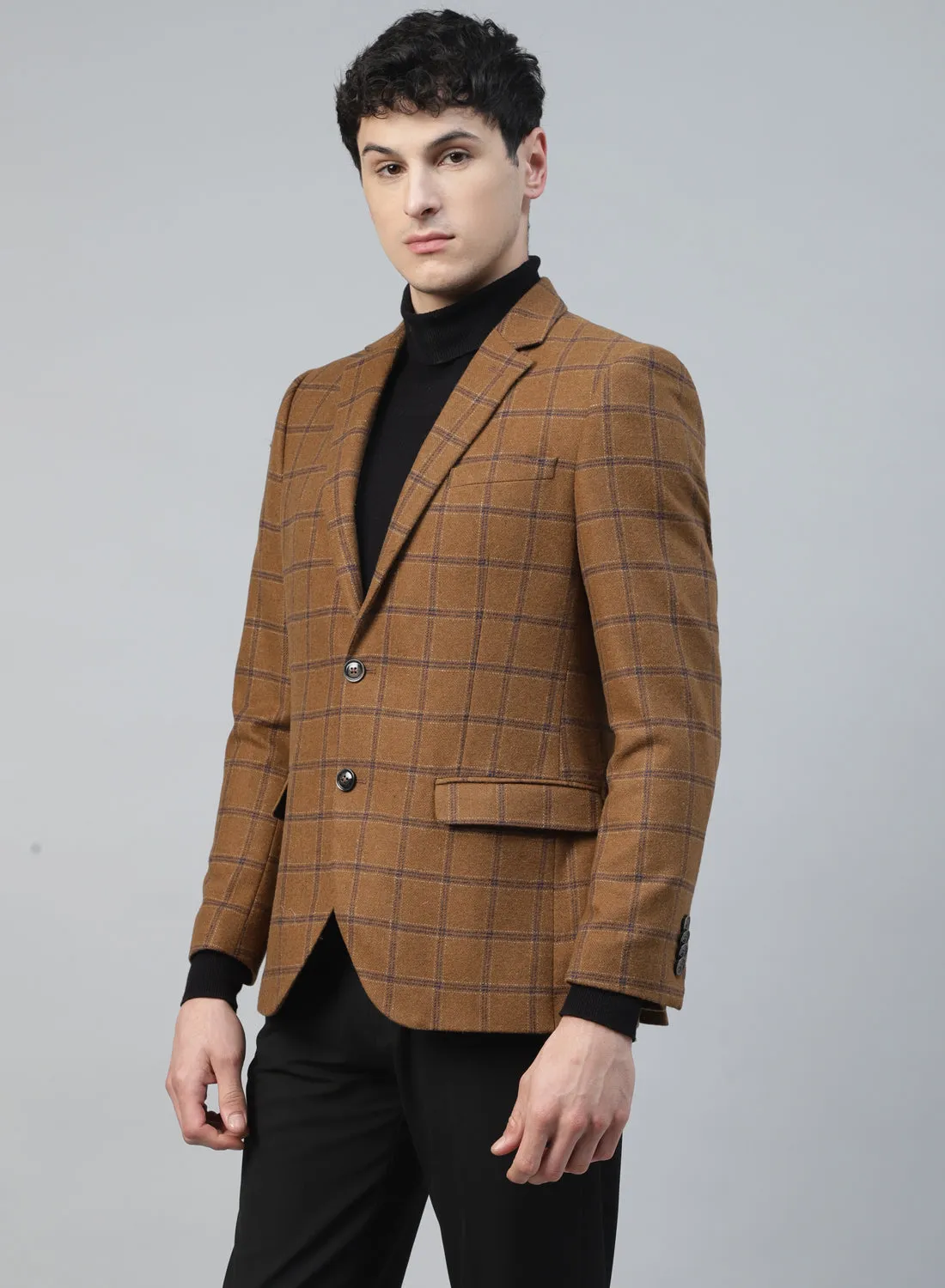 Camel Tweed Check Notch Collar Jacket