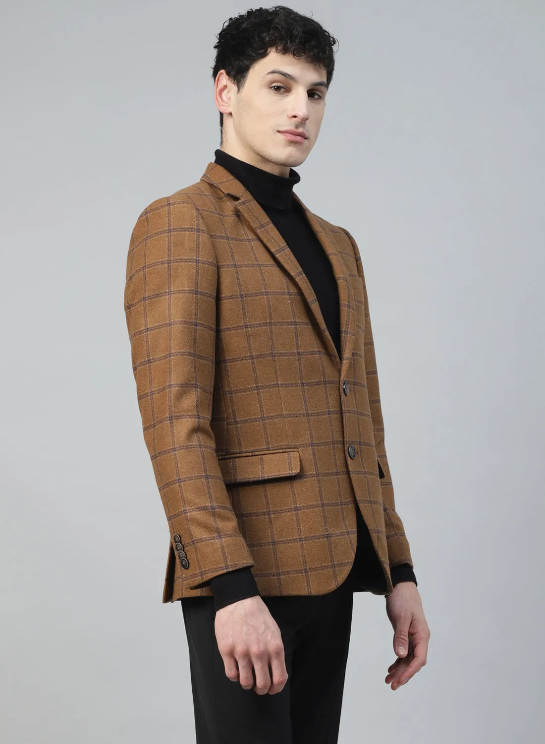 Camel Tweed Check Notch Collar Jacket
