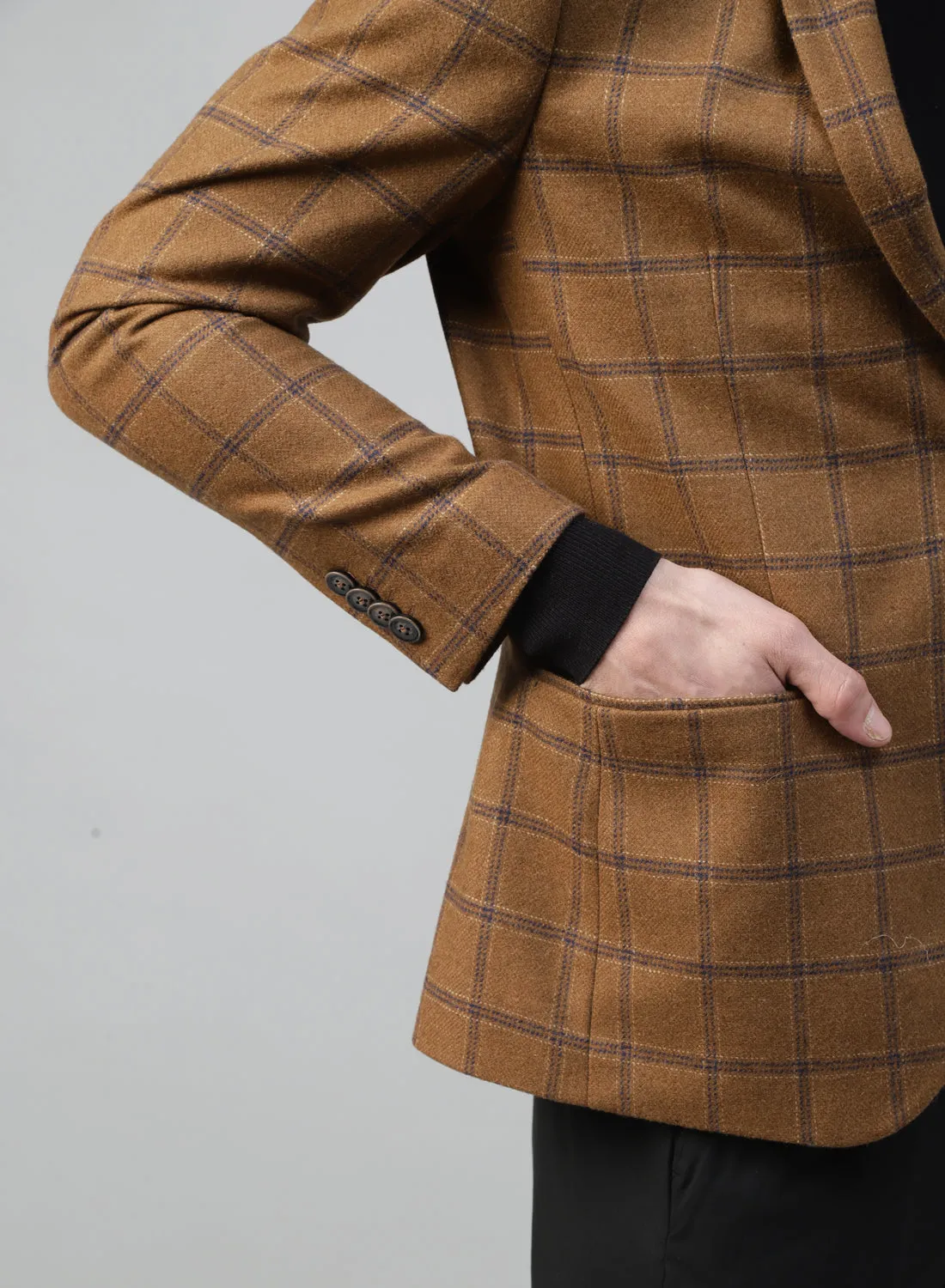 Camel Tweed Check Notch Collar Jacket