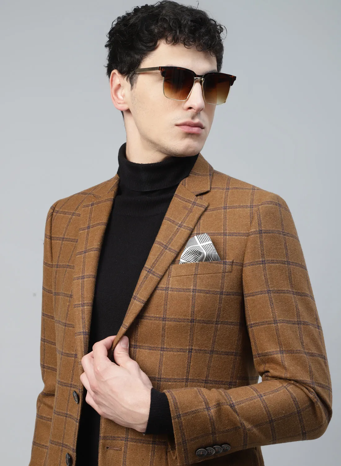 Camel Tweed Check Notch Collar Jacket