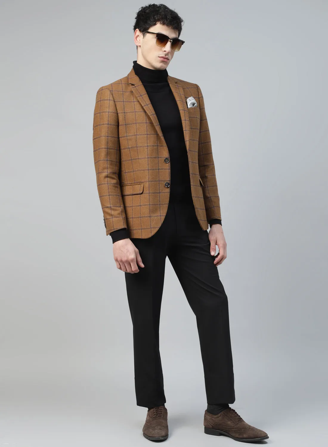 Camel Tweed Check Notch Collar Jacket