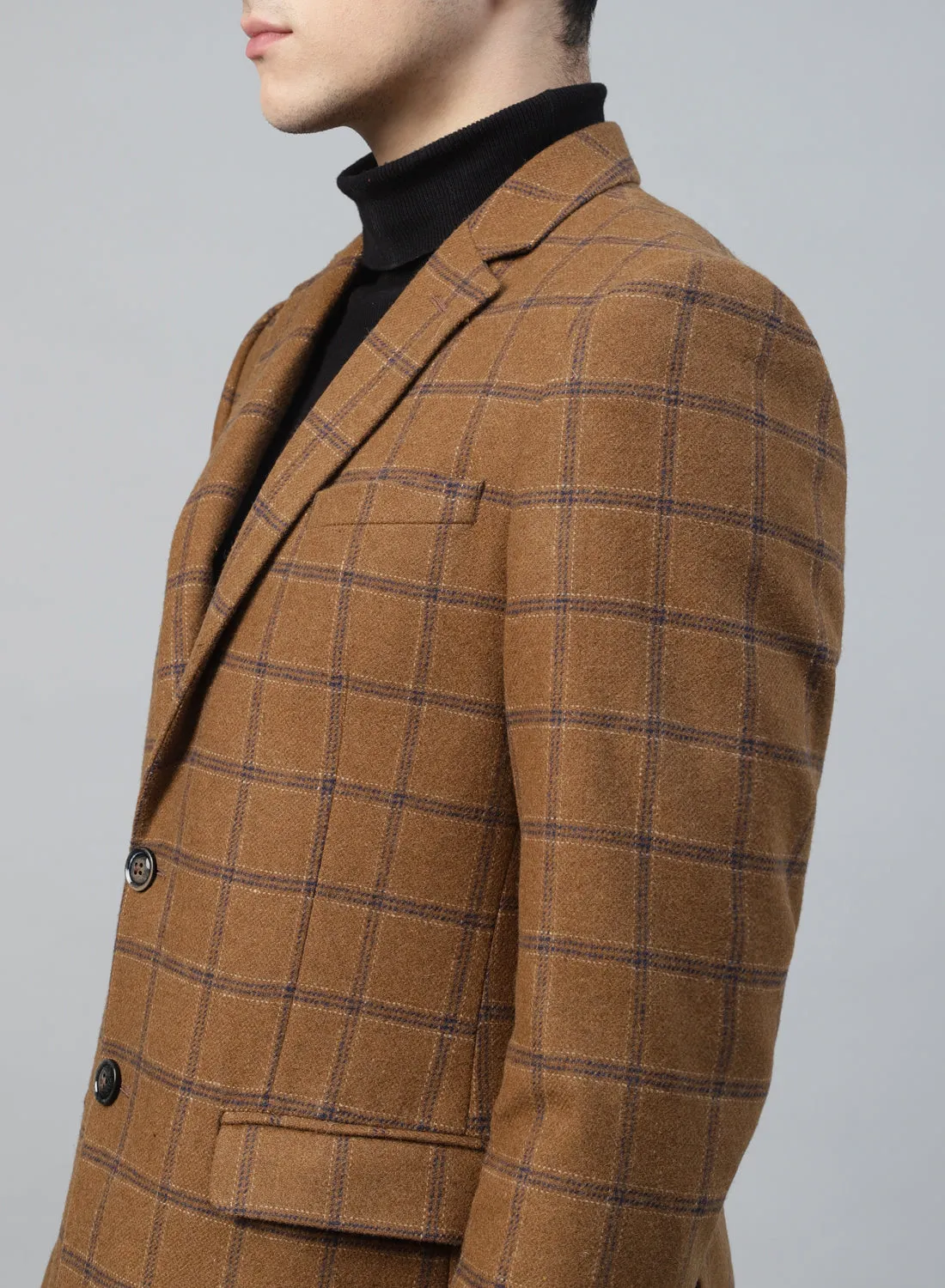 Camel Tweed Check Notch Collar Jacket