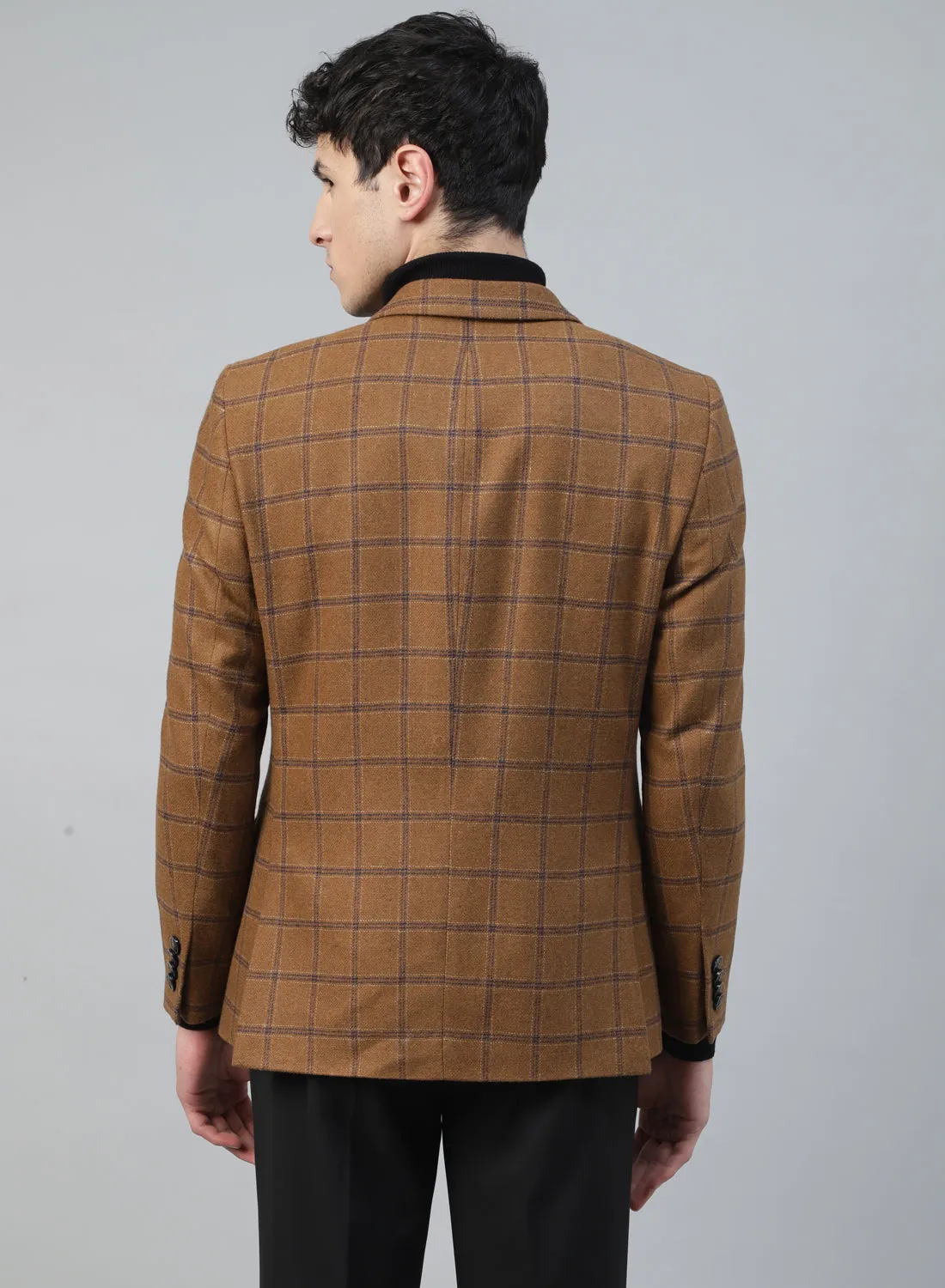 Camel Tweed Check Notch Collar Jacket