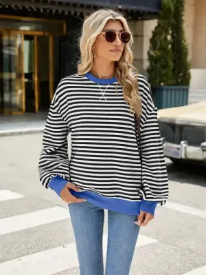 Casual Loose Striped Sweater with Colorblock Design - Black and White Stripes