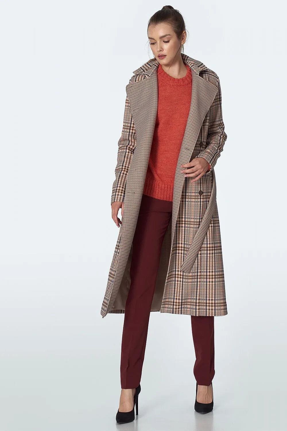 Checked Tailored Coat with Waist Definition