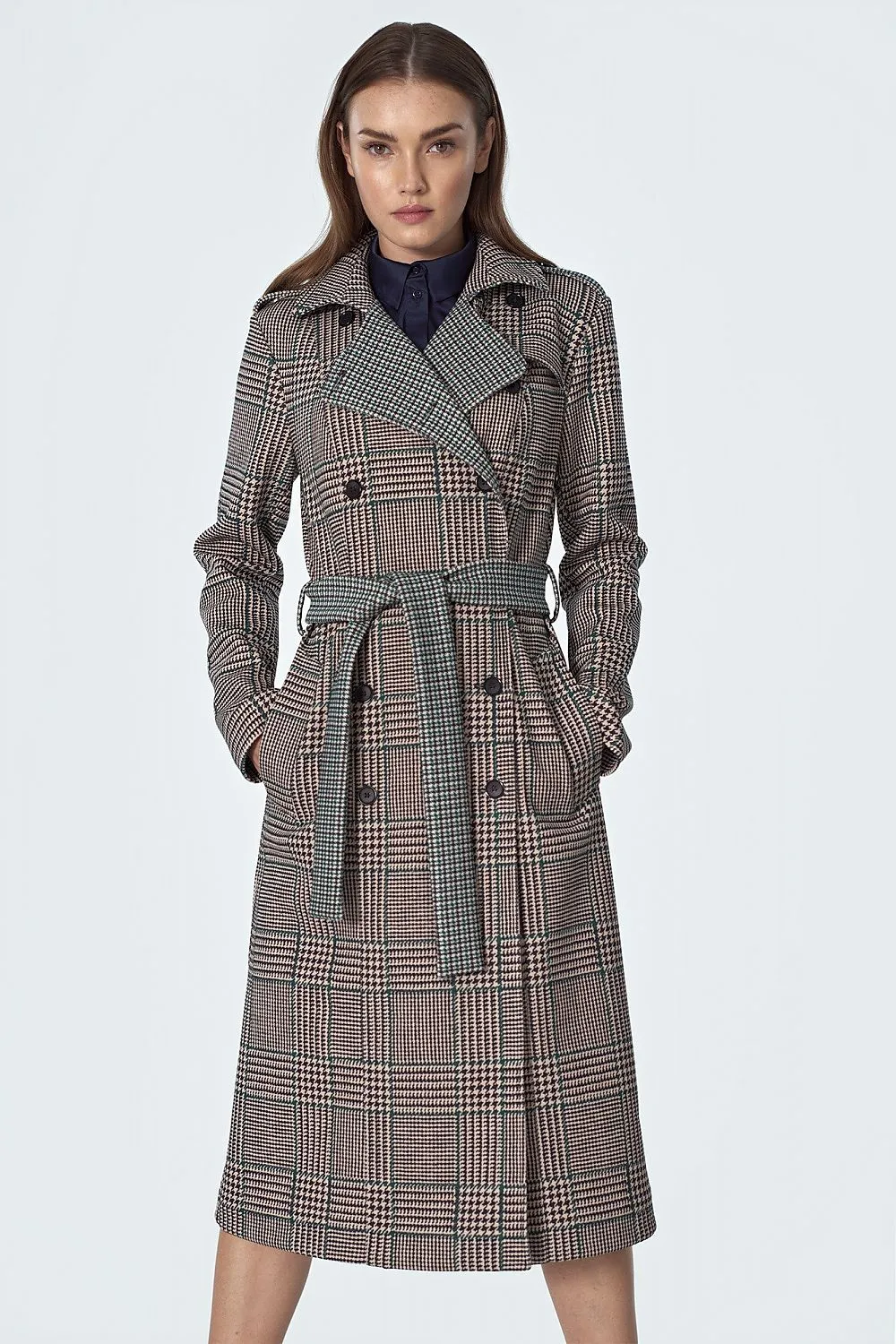 Checked Tailored Coat with Waist Definition