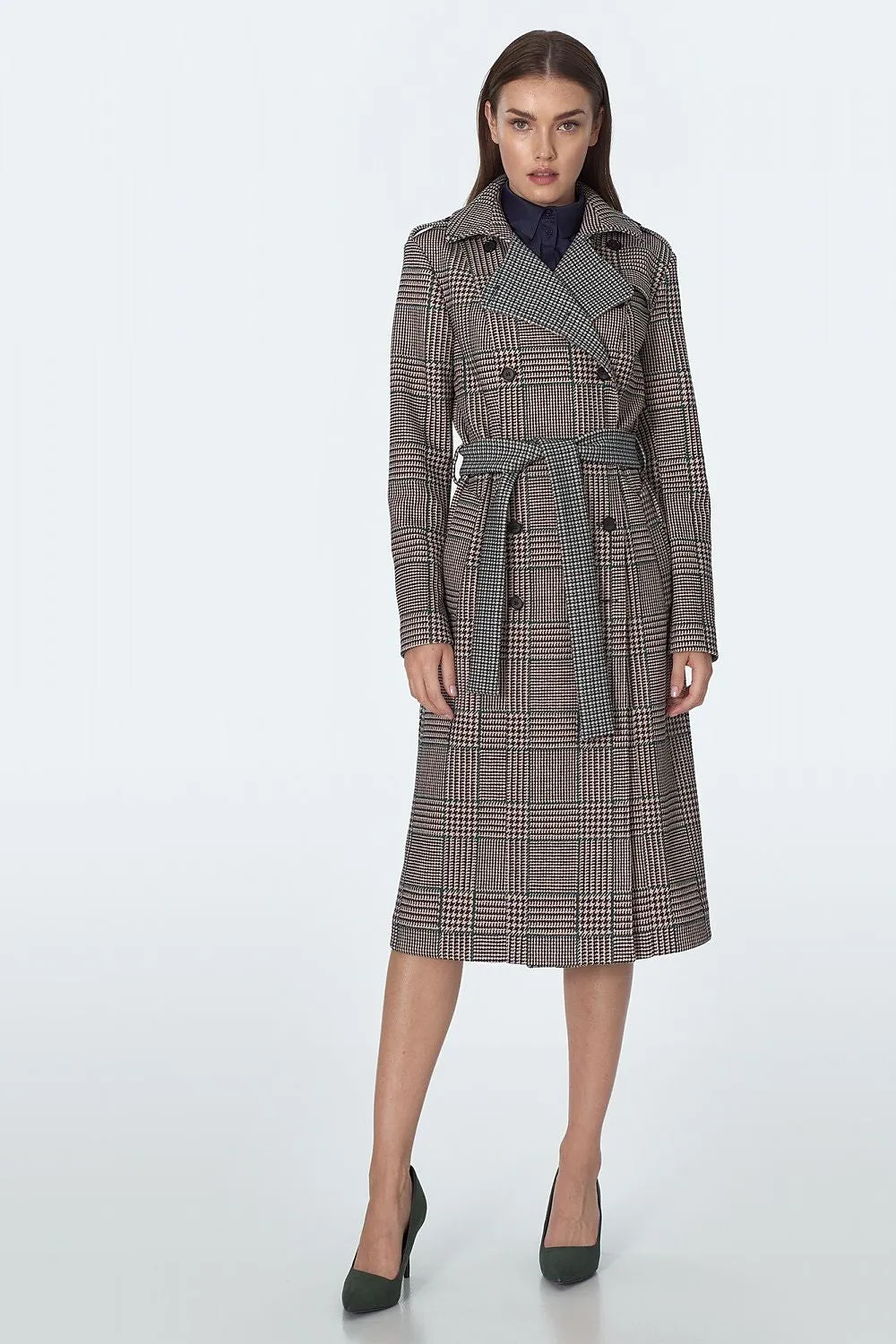 Checked Tailored Coat with Waist Definition