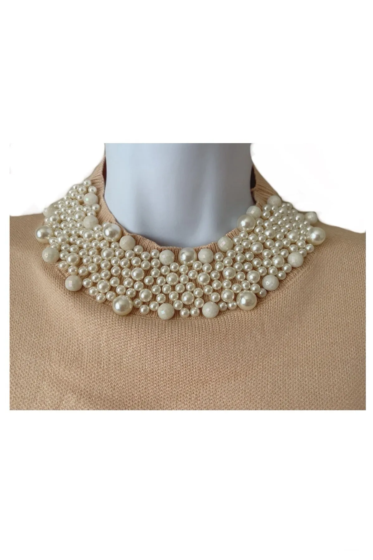 Chic Faux Pearls Beige Sweater