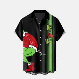 Christmas Cartoon Print HO HO HO Men's Holiday Bowling Chest Pocket Shirt Big Tall