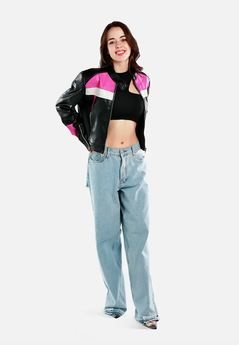 Color Block Faux Leather Biker Jacket By Ruw
