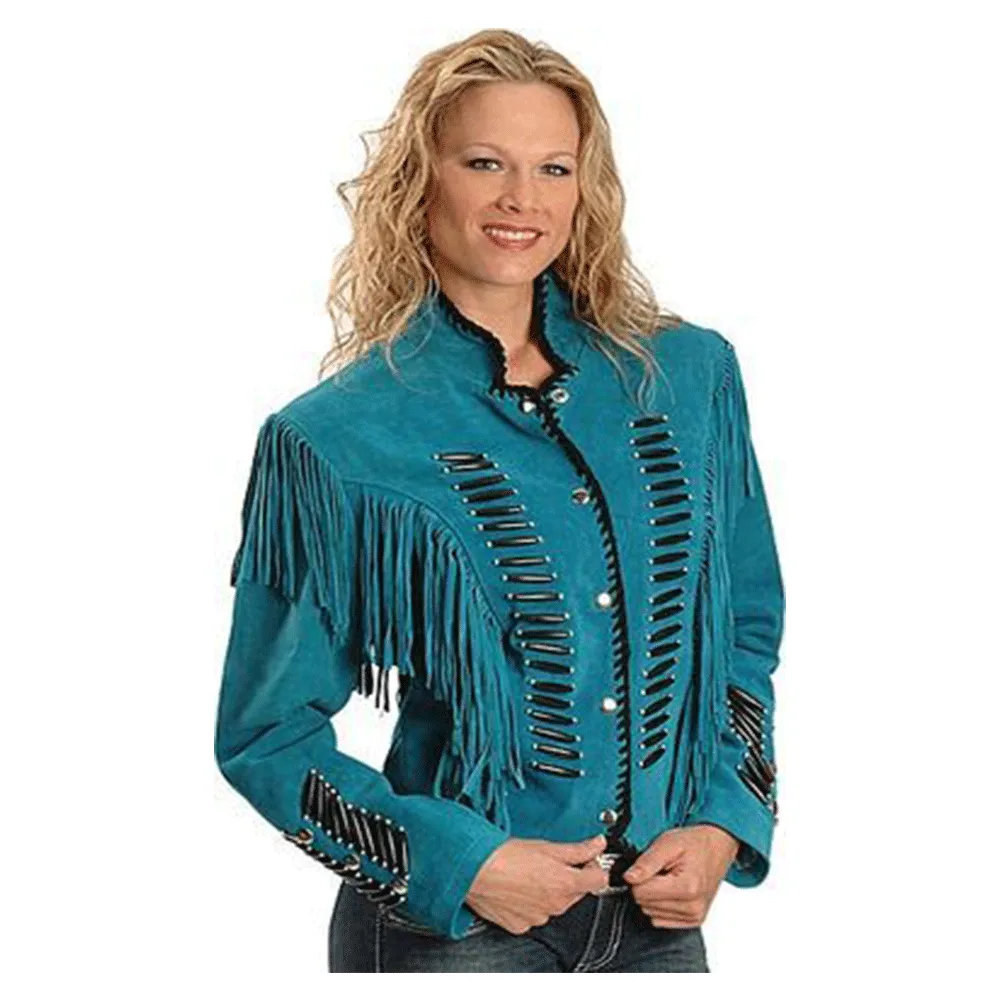 Cowgirl Western Fringe Blue Suede Leather Jacket for Women LBJ310