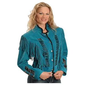 Cowgirl Western Fringe Blue Suede Leather Jacket for Women LBJ310