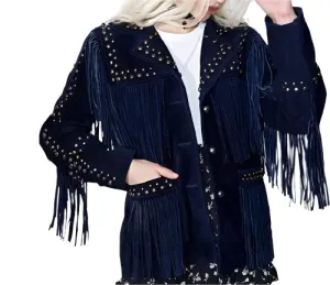 Cowgirl Western Fringe Blue Suede Leather Stud Jacket for Women LBJ313