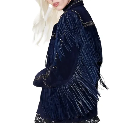 Cowgirl Western Fringe Blue Suede Leather Stud Jacket for Women LBJ313