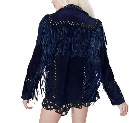 Cowgirl Western Fringe Blue Suede Leather Stud Jacket for Women LBJ313