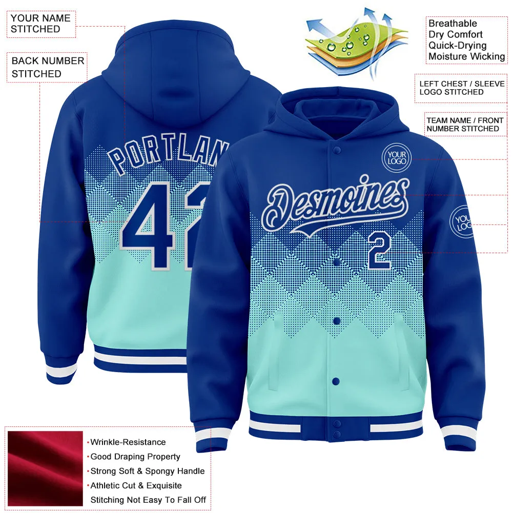 Custom Royal Ice Blue-White Gradient Square Shape 3D Pattern Design Bomber Full-Snap Varsity Letterman Hoodie Jacket