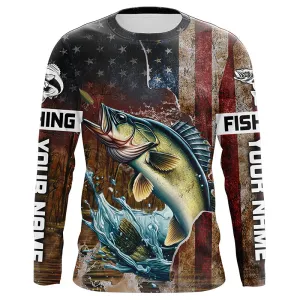 Custom Walleye Long Sleeve Fishing Shirts For Men, Patriotic Amerian Flag Walleye Fishing Shirt IPHW6891